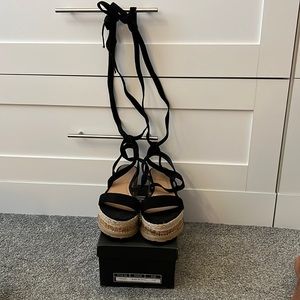 Lace up faux suede black wedge sandals